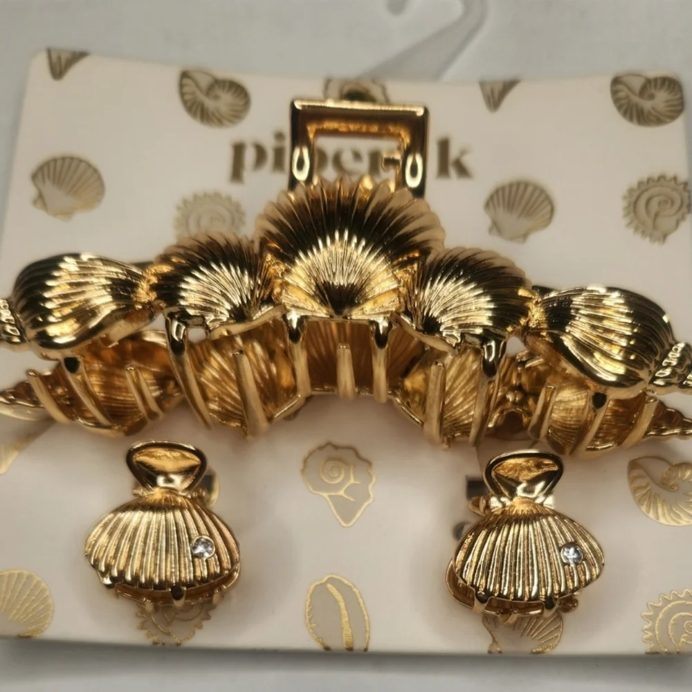 Piper K Gold Rhinestone Accented Seashell Hair Clip Set